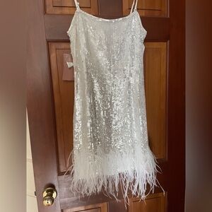 ANTHROPOLOGY SPARKLE SEQUIN MINI DRESS WITH FEATHER TRIM WHITE BRIDAL